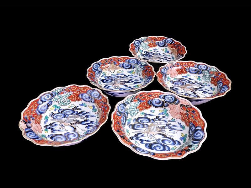 古伊万里　色絵　雲に双鶴の図　輪花膾皿　５客　B145AS-fbuz