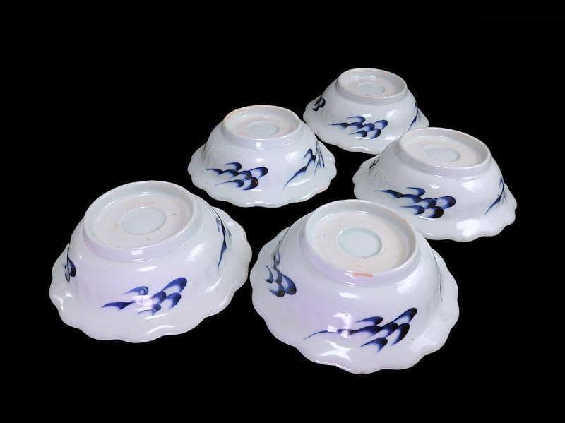 古伊万里　色絵　雲に双鶴の図　輪花膾皿　５客　B145AS-fbuz