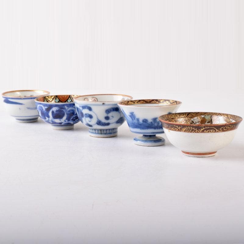 九谷焼　古九谷　色絵金彩　染付　漢詩文など　時代盃　五客　時代箱付　VR8125