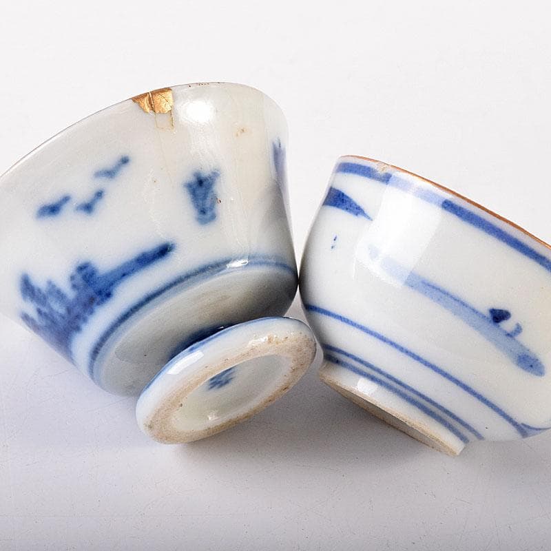 九谷焼　古九谷　色絵金彩　染付　漢詩文など　時代盃　五客　時代箱付　VR8125