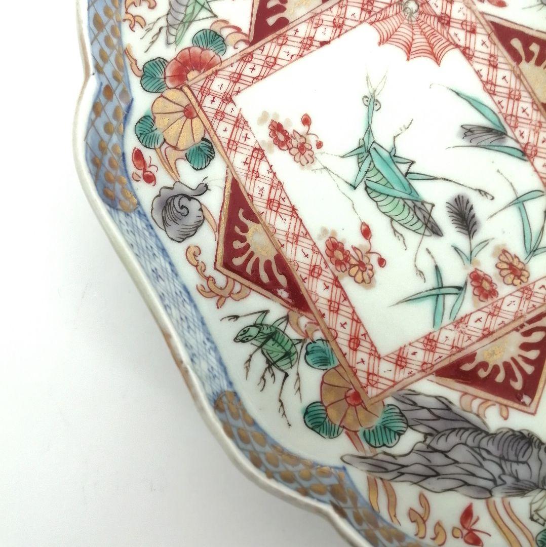 古伊万里　色絵　虫尽くし図　木瓜形　縁立皿
