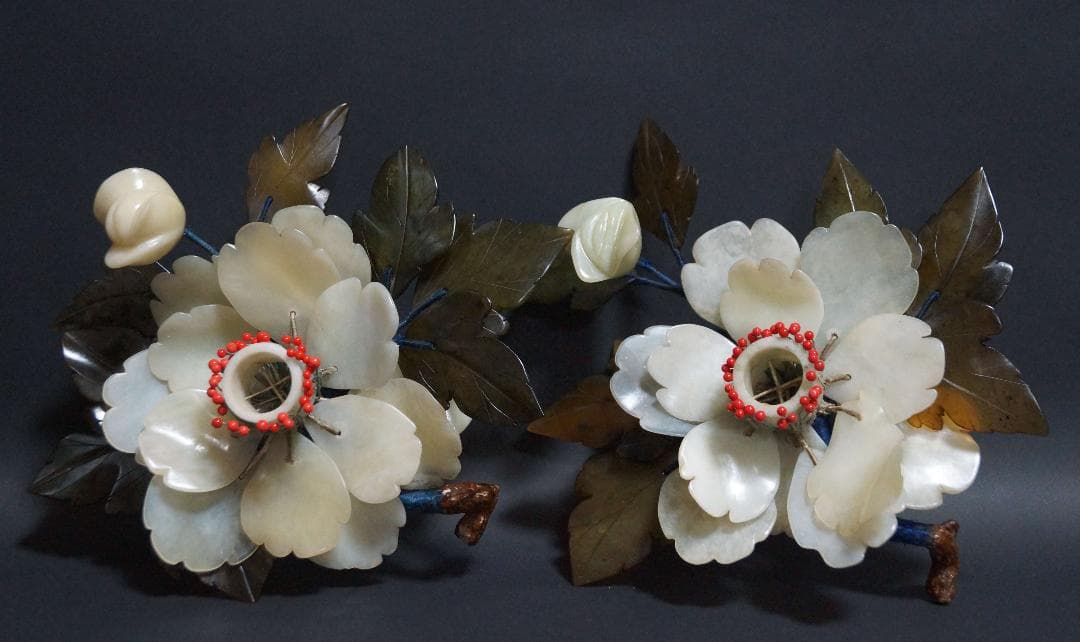 昭和初期 天然玉製 細工造り『牡丹花』蝋燭立て(一対) ろうそく台 茶道具時代物