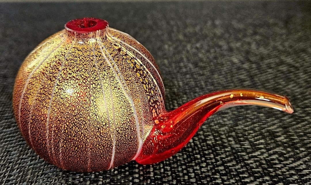 ヨーロッパアンティーク　赤被せ　金彩　縦縞模様　チロリ　水滴　オブジェ　状態良好