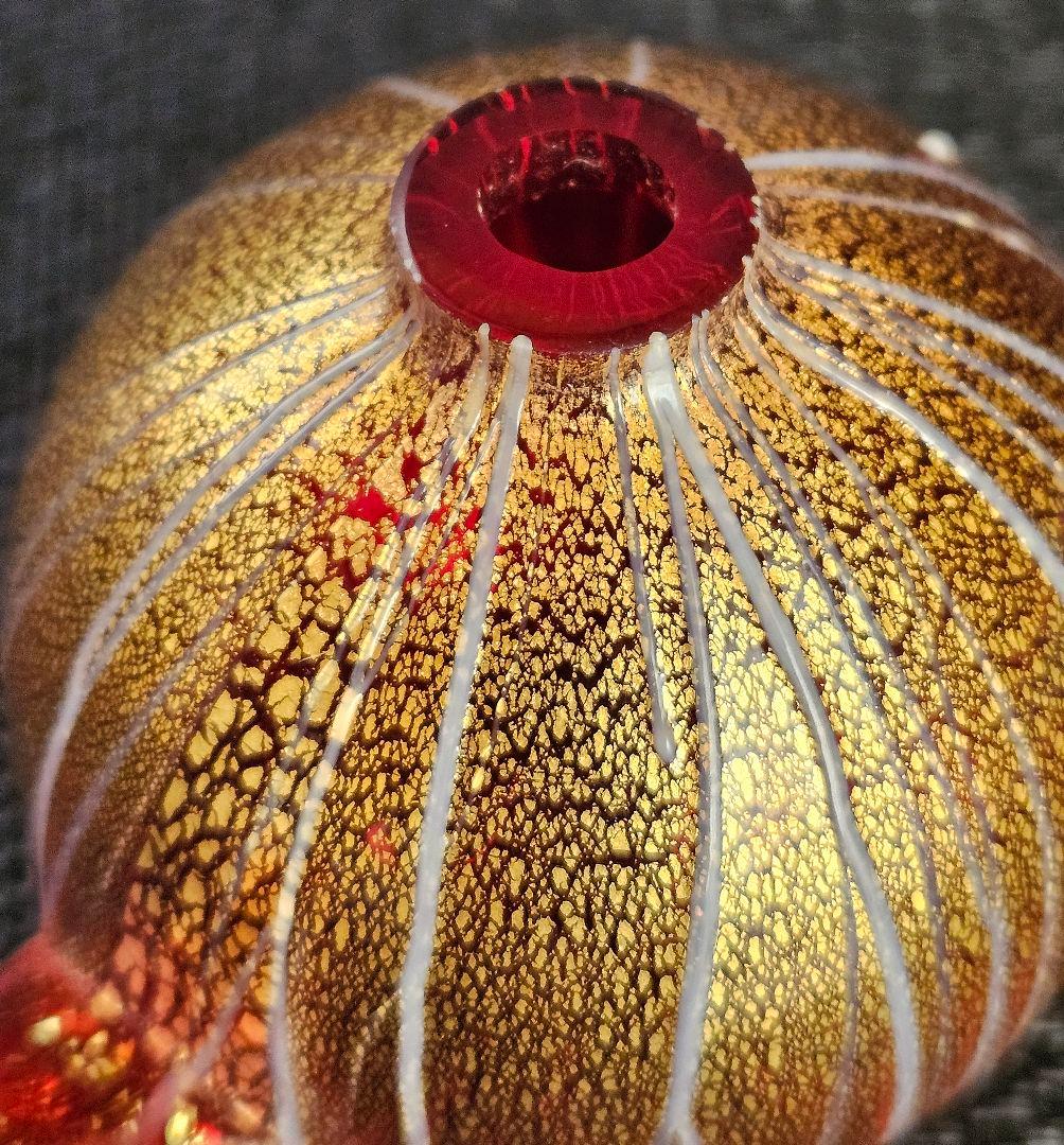 ヨーロッパアンティーク　赤被せ　金彩　縦縞模様　チロリ　水滴　オブジェ　状態良好