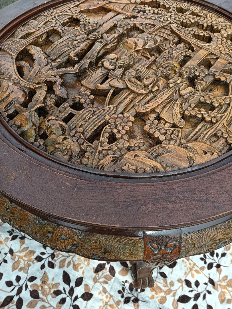 アンティーク彫刻家具 アジア 座卓 ちゃぶ台 猫脚 骨董