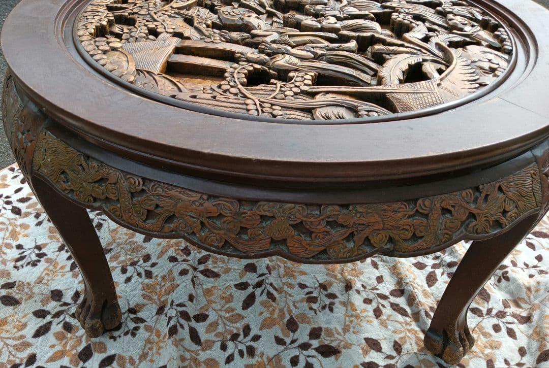 アンティーク彫刻家具 アジア 座卓 ちゃぶ台 猫脚 骨董