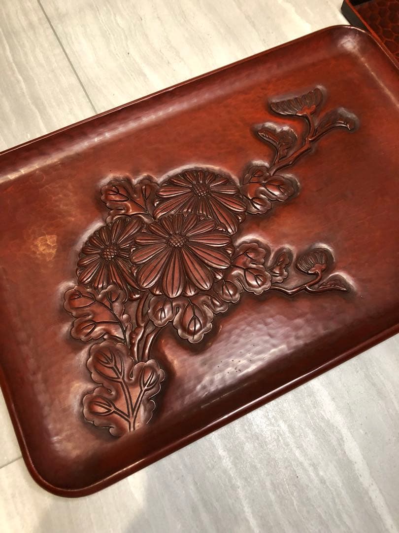 鎌倉彫　菊　竹　お盆　漆器　アンティーク