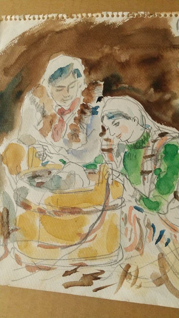 古沢岩美 キリスト誕生 聖夜 水彩まくり クリスマス