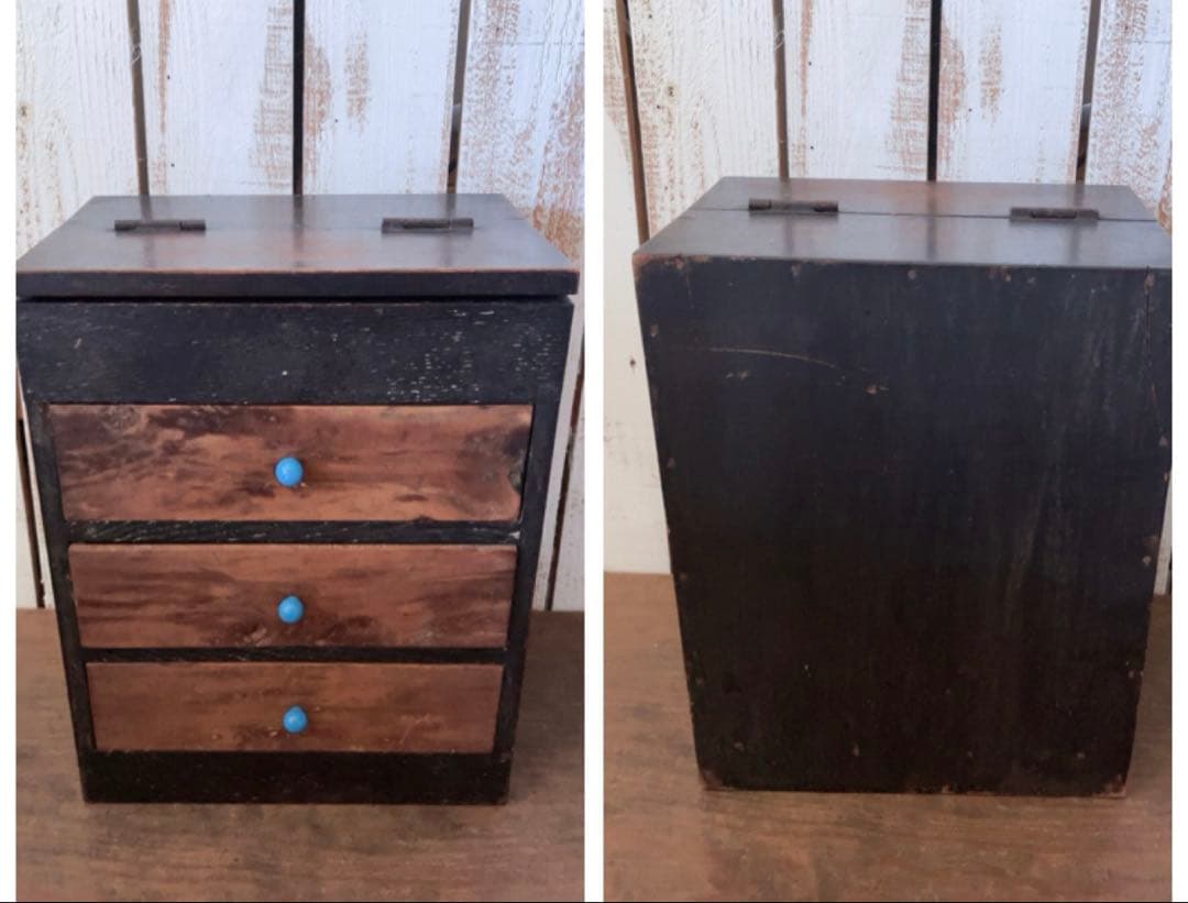 ヴィンテージ　上部も開く　つまみガラス　小引き出し　三段引き出し