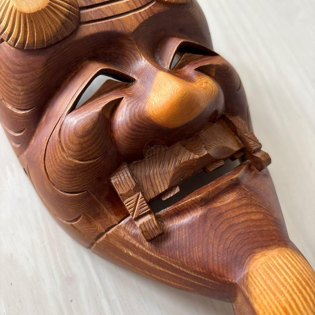 【良品・壁掛け可能です】木製 翁面　木彫り 刻山