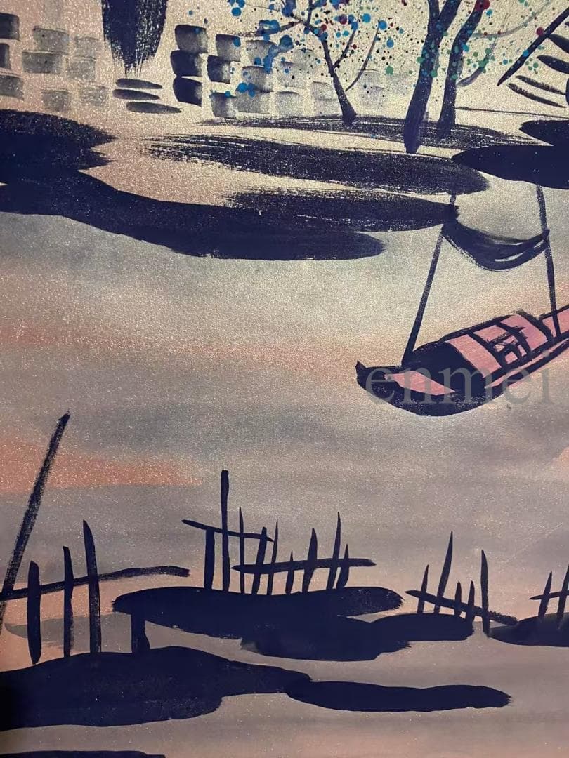 中国古美術・旧藏・近現代・吳冠中款・金箋・山水風景画・中堂掛軸・純手描き・書画