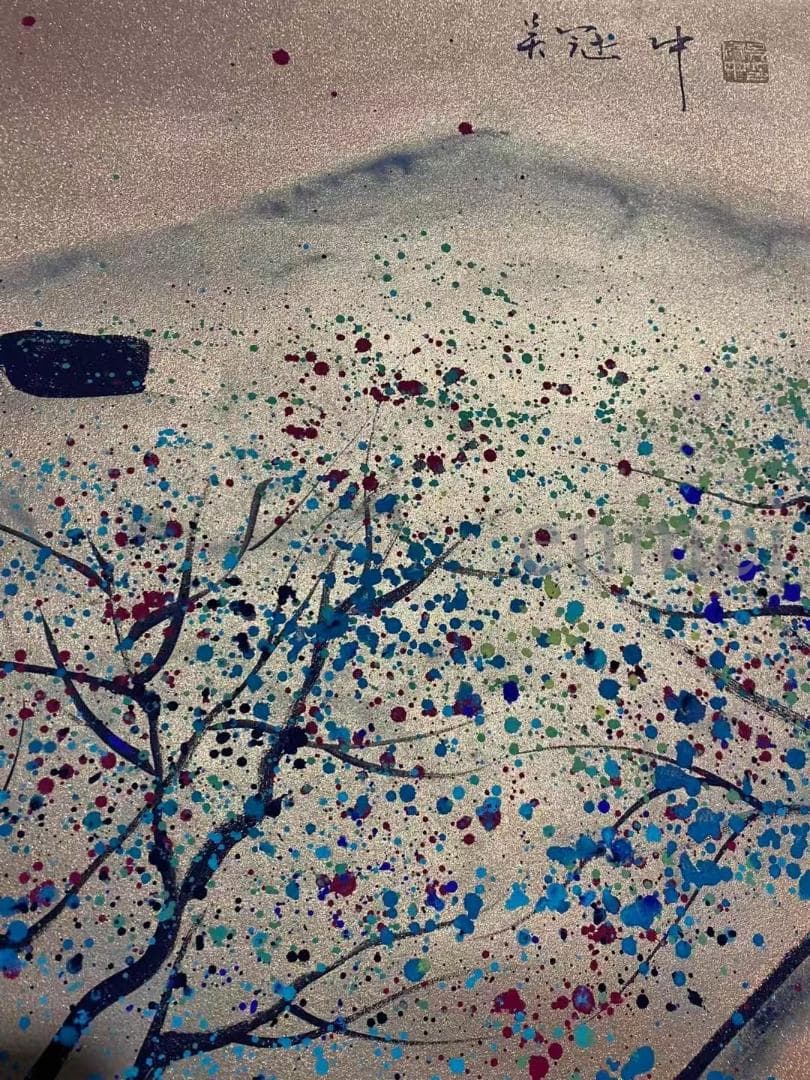 中国古美術・旧藏・近現代・吳冠中款・金箋・山水風景画・中堂掛軸・純手描き・書画