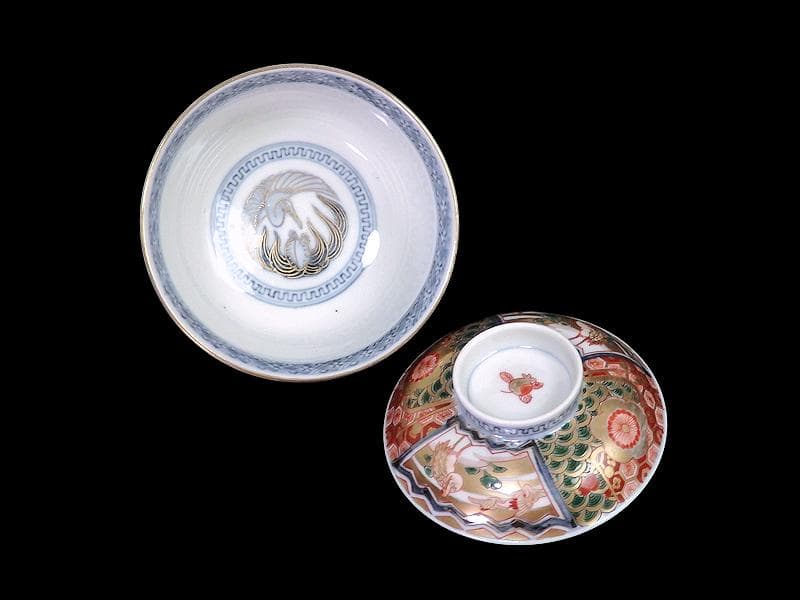 古伊万里　金襴手　亀甲に青海波　舞鶴の図　蓋茶碗　2客　E086AS-DAk