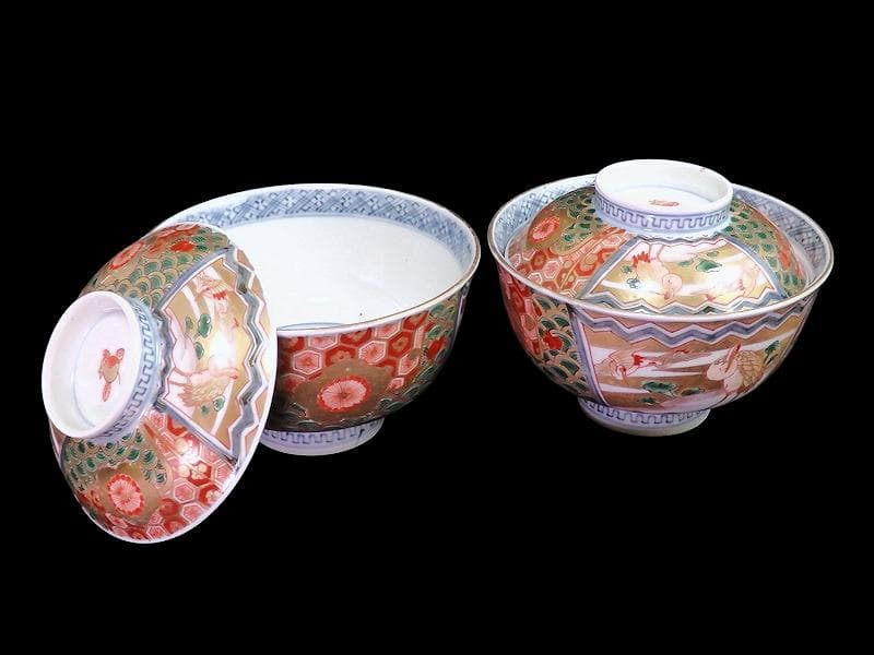 古伊万里　金襴手　亀甲に青海波　舞鶴の図　蓋茶碗　2客　E086AS-DAk