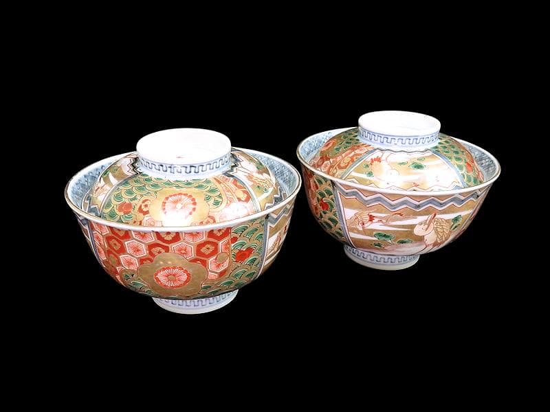 古伊万里　金襴手　亀甲に青海波　舞鶴の図　蓋茶碗　2客　E086AS-DAk