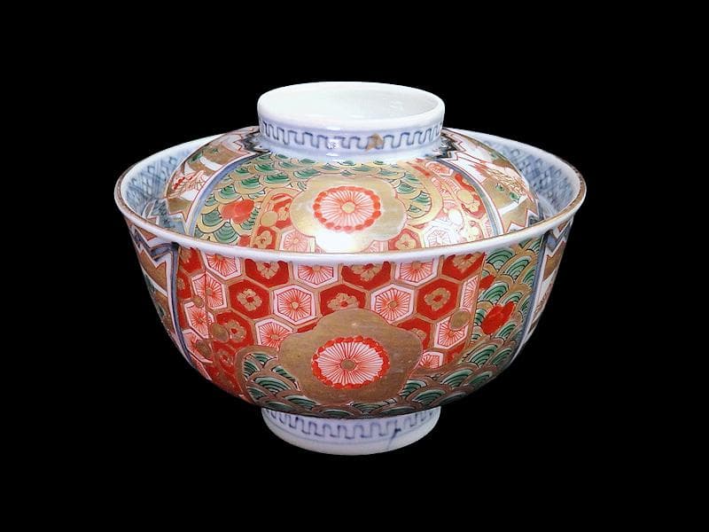 古伊万里　金襴手　亀甲に青海波　舞鶴の図　蓋茶碗　2客　E086AS-DAk