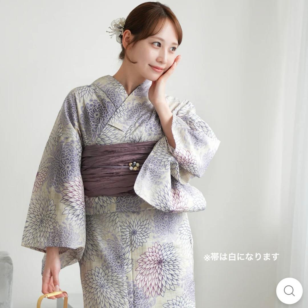 utatane ゆかた 先染め風ベージュに涼しげ糸菊　➕ 帯(ホワイト)