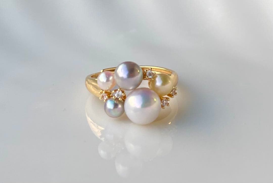 あこや真珠 ミラー調本真珠 s925リング 指輪 マルチカラー 一点物 白の序章