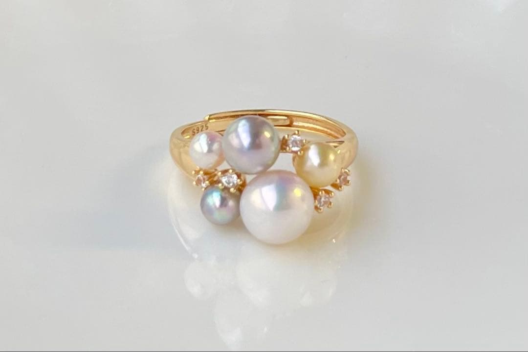 あこや真珠 ミラー調本真珠 s925リング 指輪 マルチカラー 一点物 白の序章