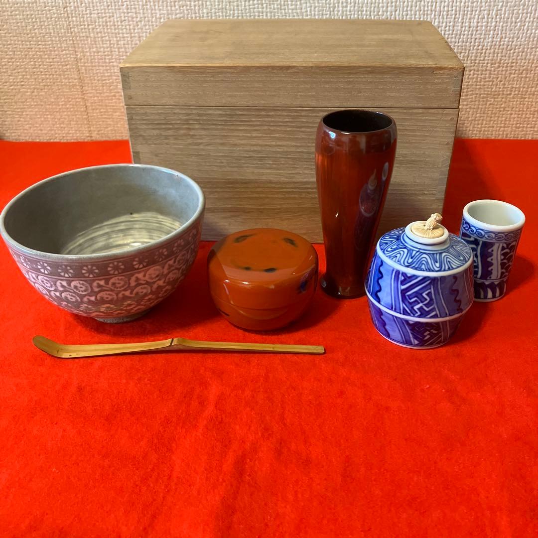 茶道具セット 桐箱入り 三島茶碗 茶筅 棗 茶杓 振出 稽古用 ほぼ未使用