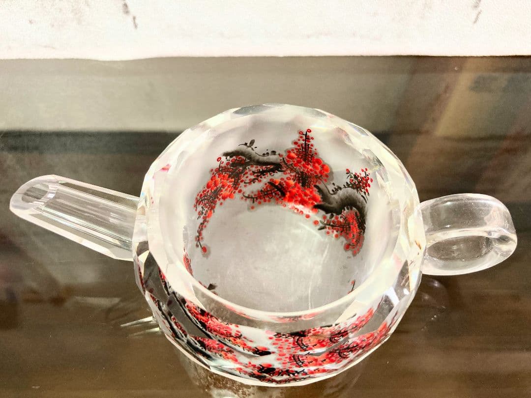 ◇中国ガラス茶器 紅梅図 手描き 清香銘作 ◇