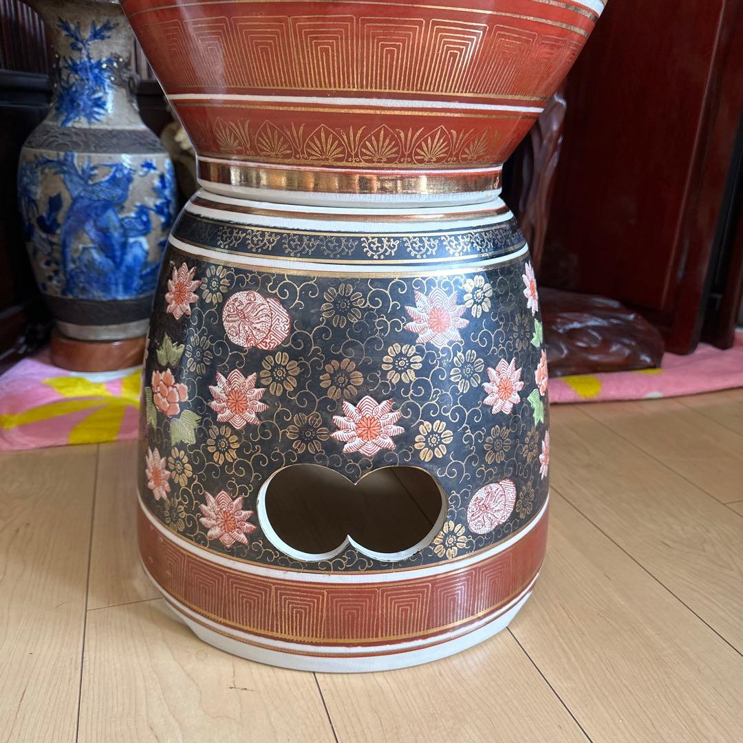 特大　九谷焼飾り壺 人物花鳥図　高さ約125cm 沈香壺 三段壺　陶芸　骨董品