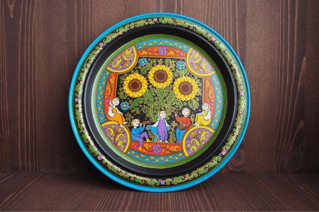 ロシア雑貨☆ヒマワリの飾り皿 直径25cmオリガ作 マトリョーシカ