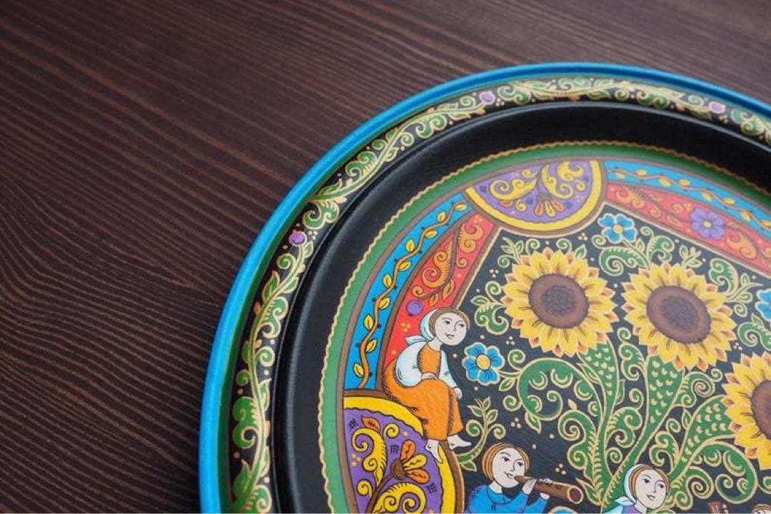 ロシア雑貨☆ヒマワリの飾り皿 直径25cmオリガ作 マトリョーシカ