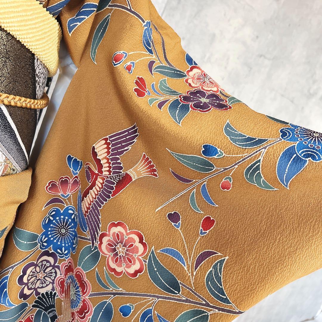 振袖　フルセット　紅型　黄色　花鳥文様　小鳥　華やか　豪華　m2