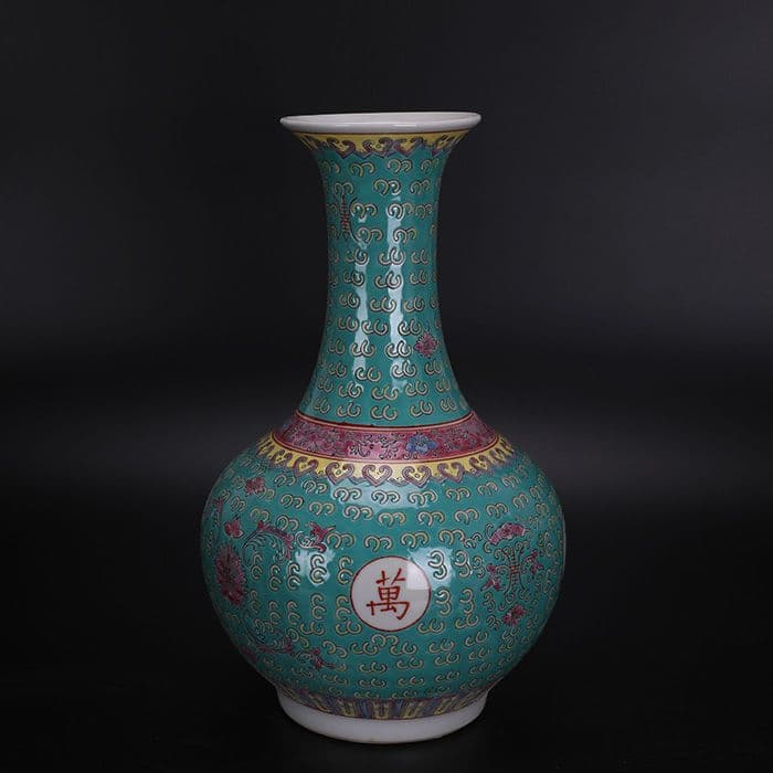 緑地パステル万寿無疆紋賞瓶 景徳鎮 陶磁器 装飾品 現代工芸品 美術品 置物