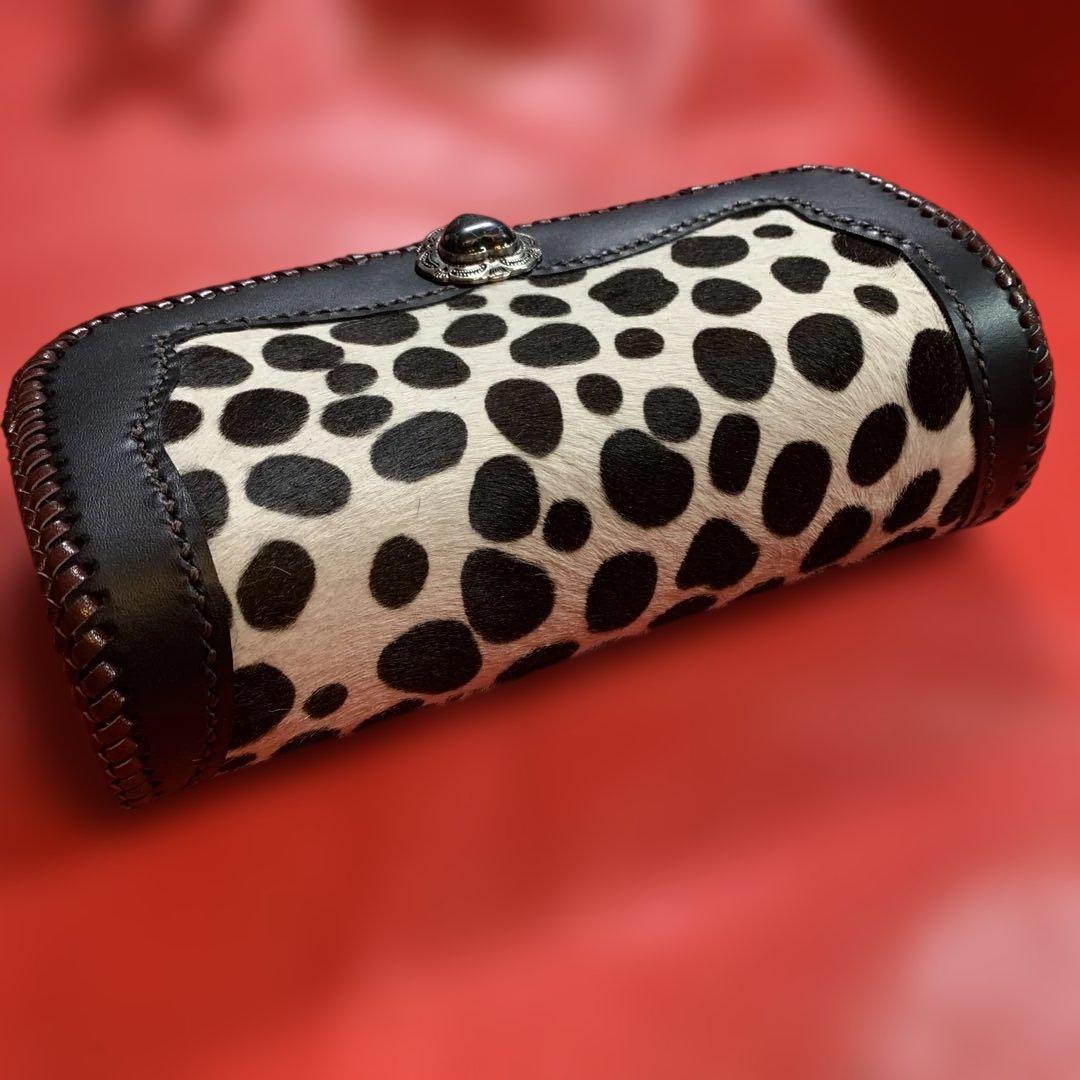 ハンドメイドレザークラフトダルメシアン柄ハラコアコーディオン長財布牛レース編み