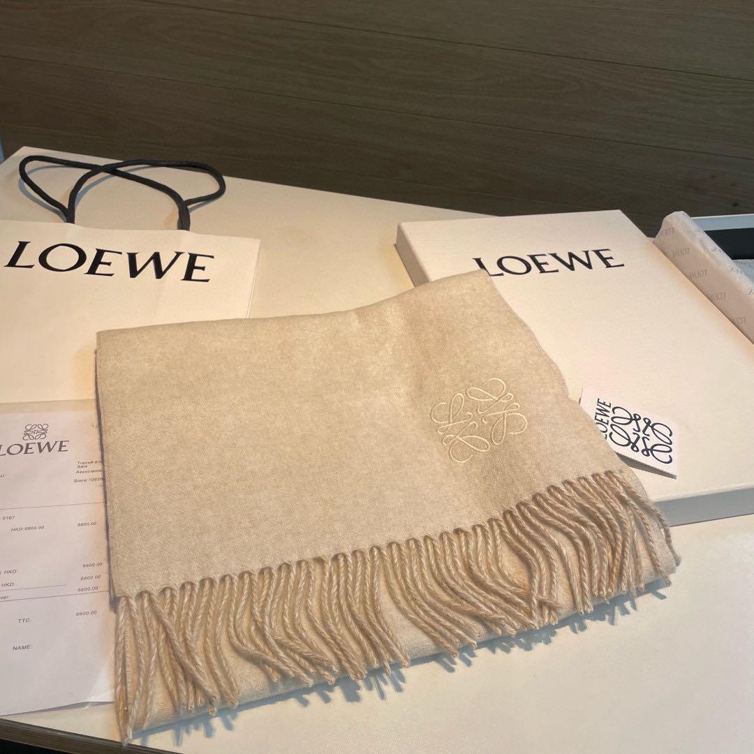 ロエベ マフラー ベージュ カシミヤ フリンジ付き 35×180cm