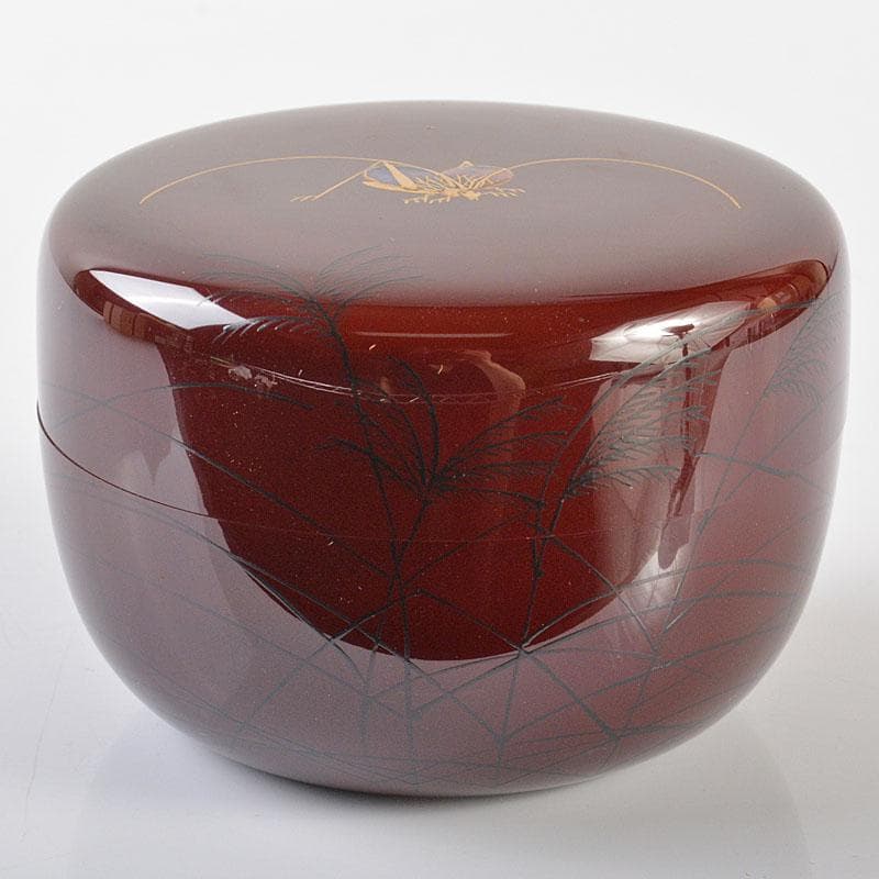 茶道具　加賀蒔絵師　竹内幸斎作　螺鈿装飾　鈴虫蒔絵　平棗　共箱　V　R6957