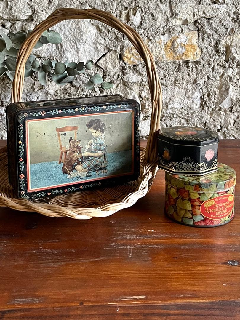 ◆フランス雑貨｜ティン缶セットブリキ缶お菓子箱ケースサビあり花柄キャンディー