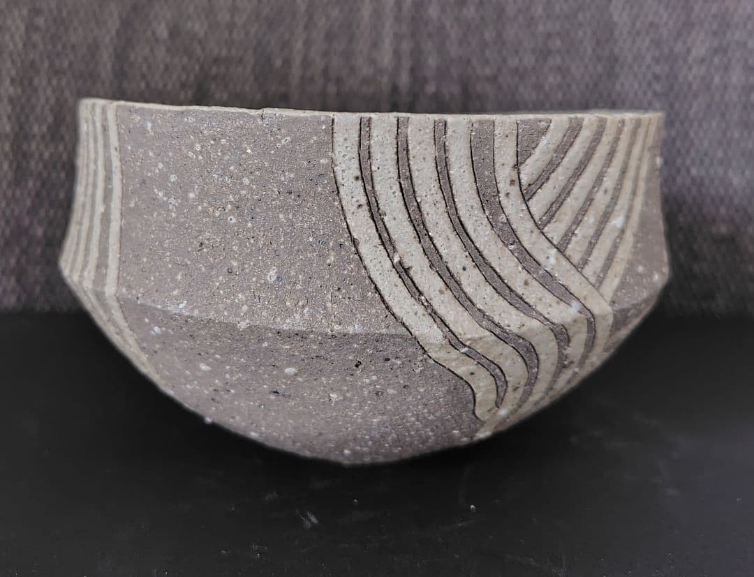 佐藤和彦 灰陶釉線文変形鉢 共箱 茶碗 鉢