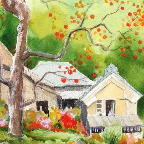 絵画「里山は実りの秋」　水彩画