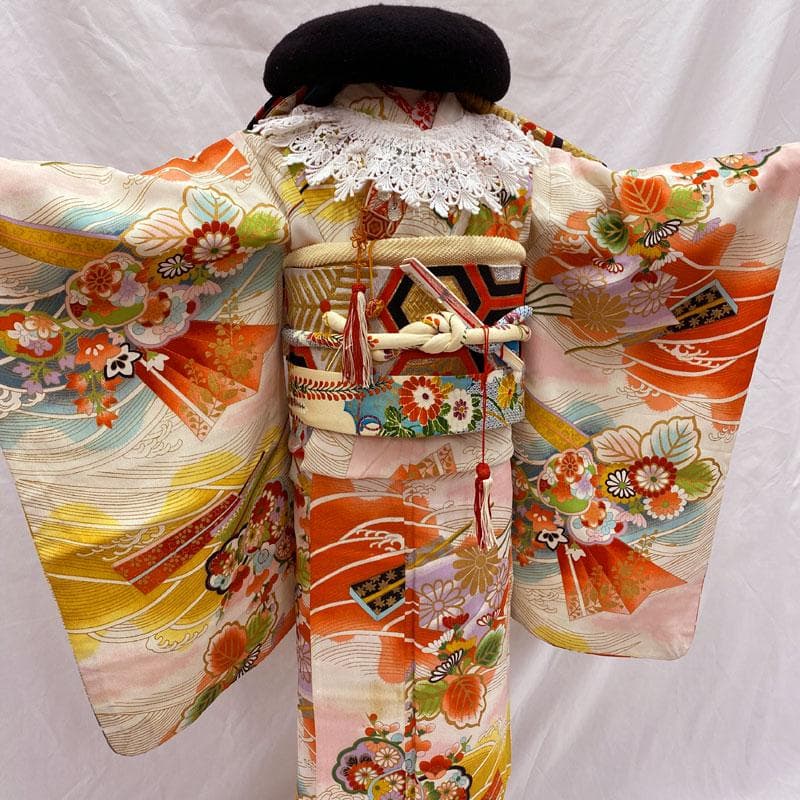 508ag11◎七五三 七歳 女児 アンティーク着物&丸帯 総柄 レトロ 白◎