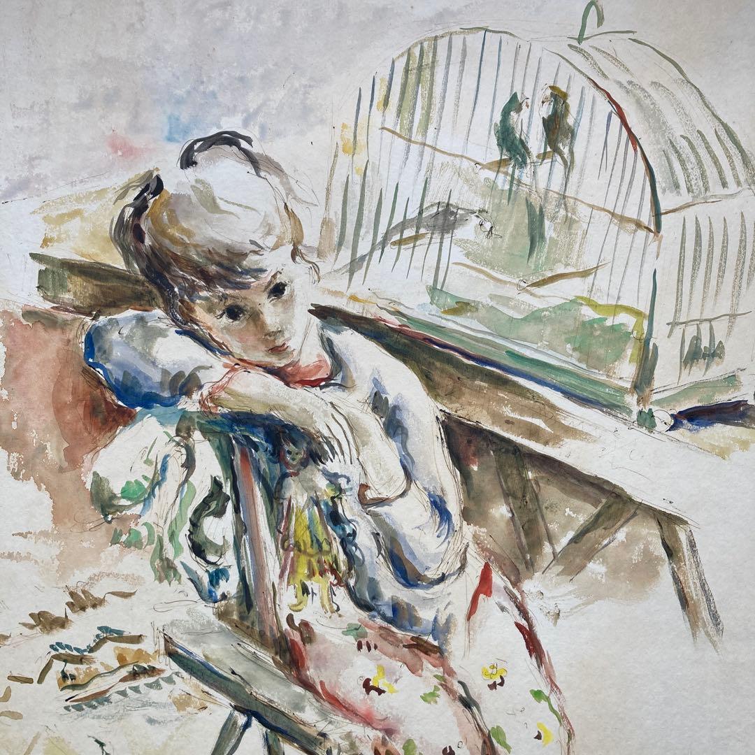 K.L.Crone￼「小鳥と少年」仮題　水彩画額￼約70×63絵￼62×46cm