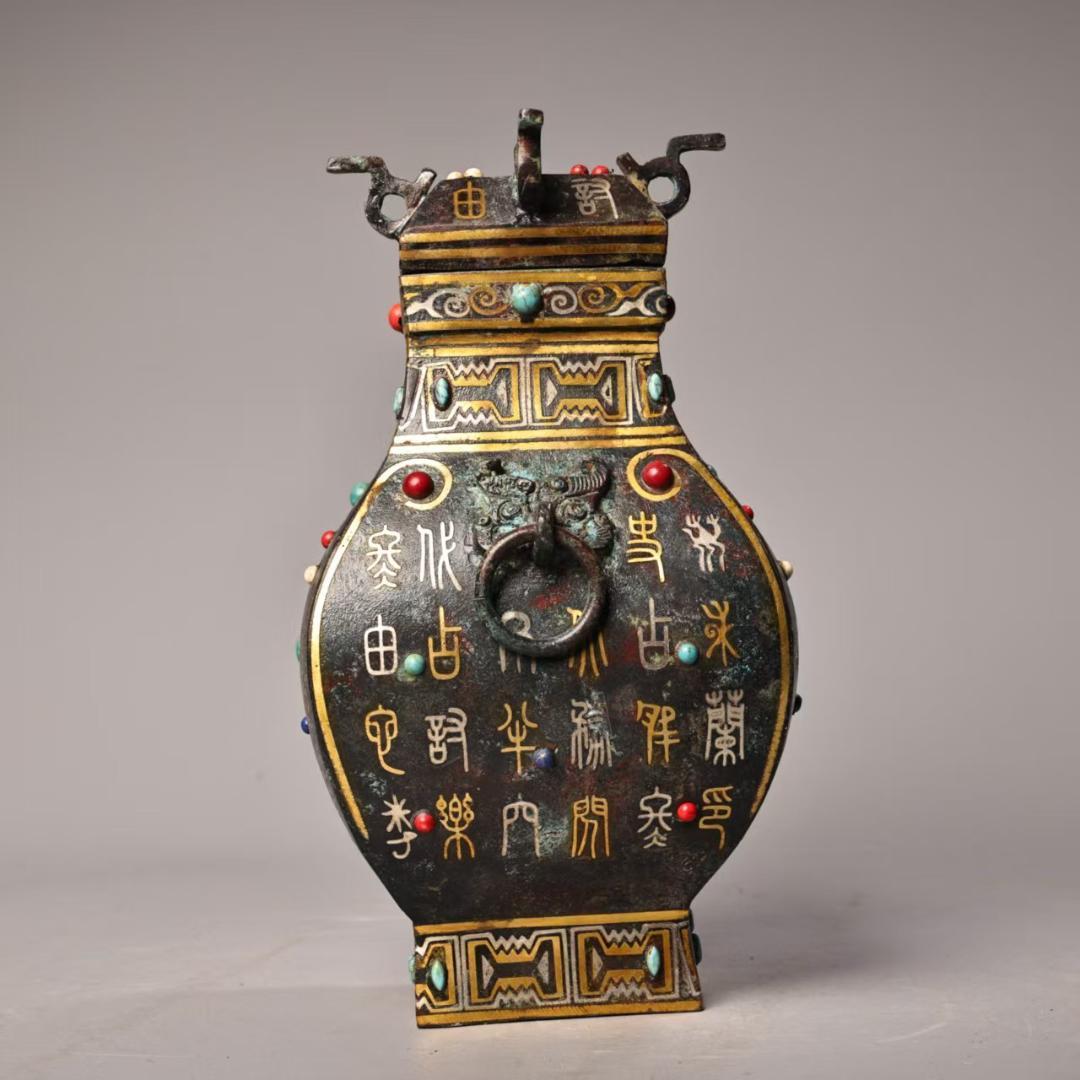 中国古美術 珍蔵 錯金銀 宝石嵌 青銅方花瓶 純青銅製 風水開運 文房置物