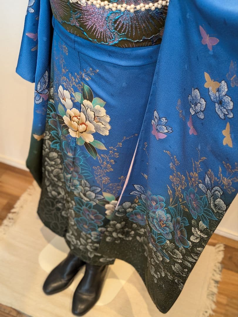 振袖フルセット 身丈168裄68 豪華振袖 金銀彩 青 黒 正絹 逸品 成人式