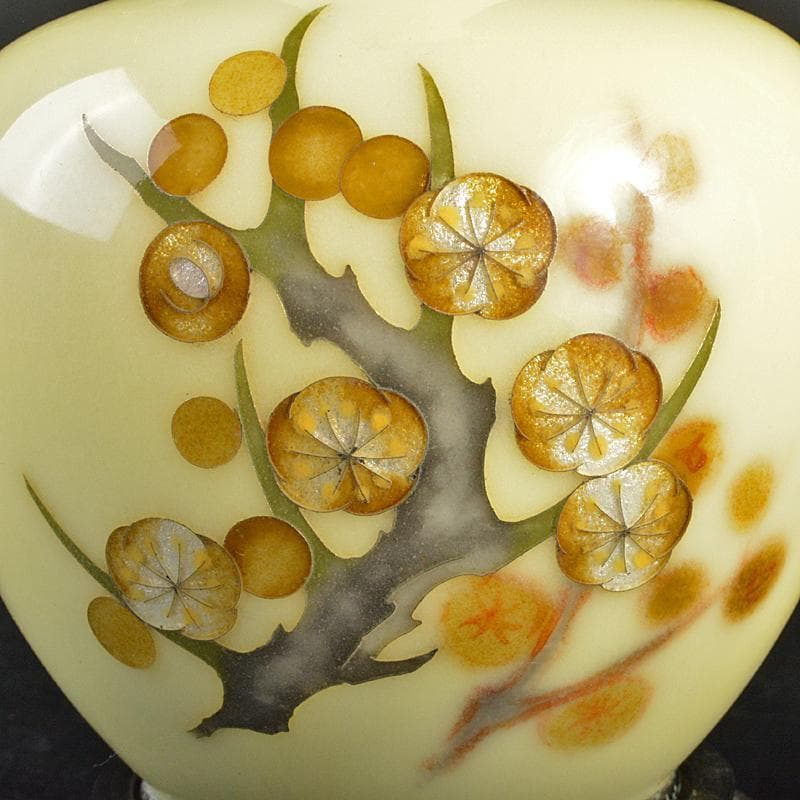 七宝焼　田村七宝工芸　梅文　花瓶　唐木台付　時代箱付　V　R7445