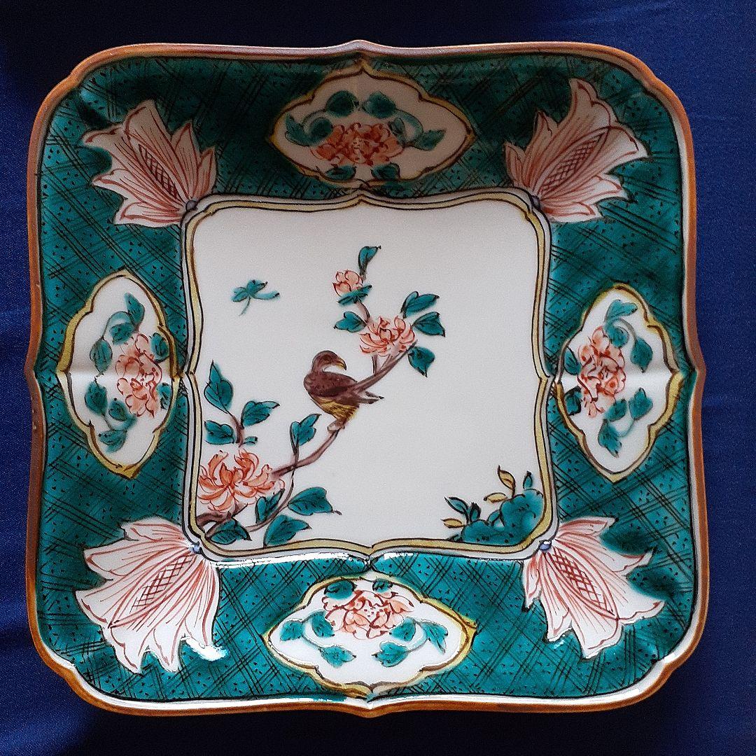 古九谷色絵牡丹蝶々鳥図角皿5客