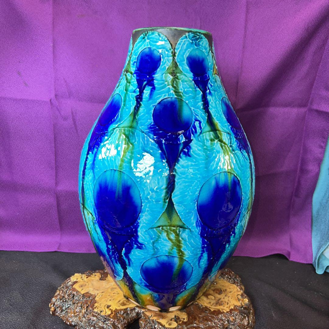 巨匠陶芸家　新聞寛山　青丸繋流釉大壺　レア　箱無し