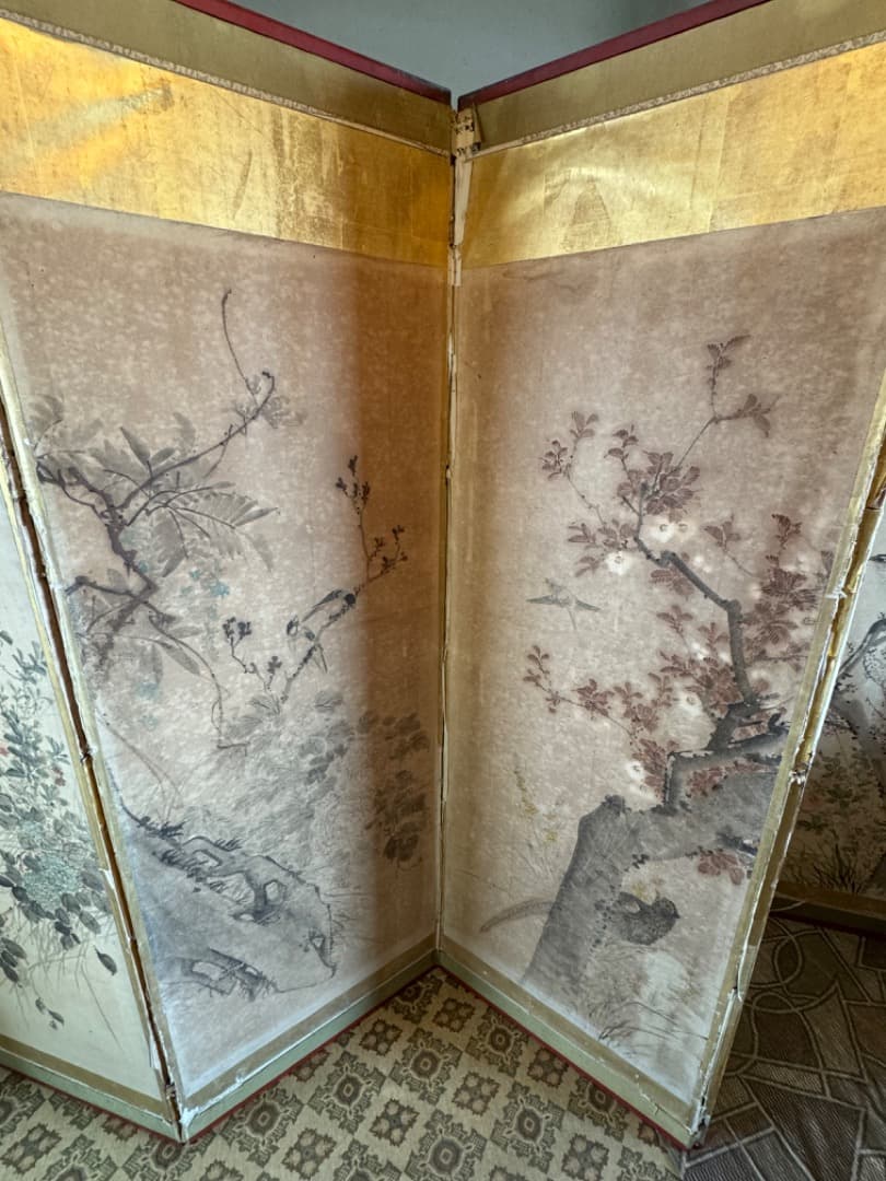 江戸後期 ~ 明治初期 六曲屏風 二点セット 鳥花図 美品 アンティーク