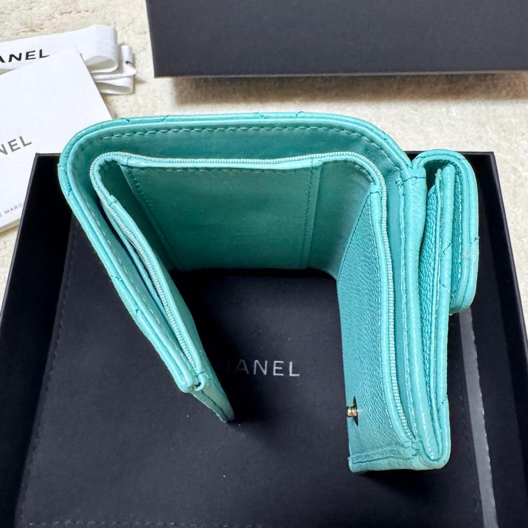 CHANEL シャネル 三つ折り ミニ財布 キャビアスキン ティファニー 水色