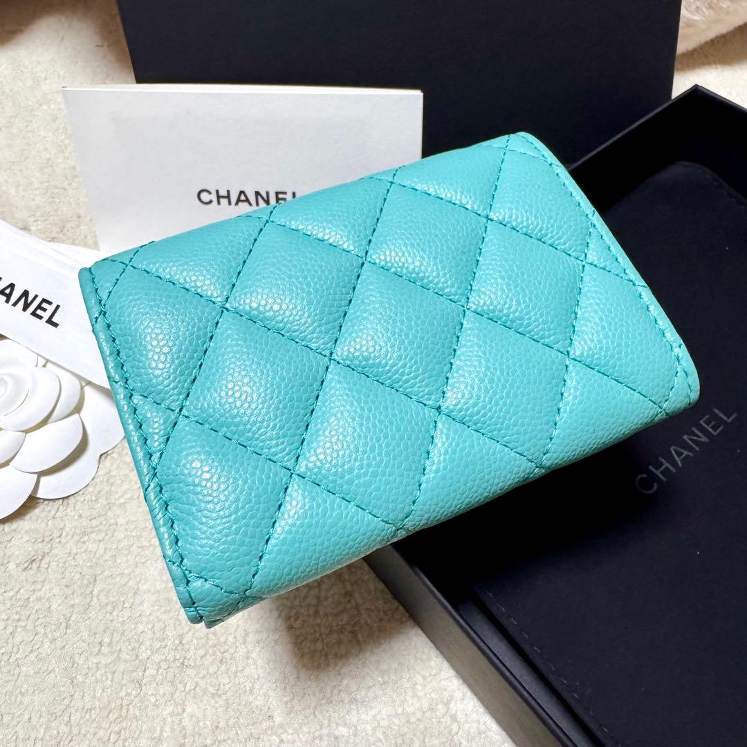 CHANEL シャネル 三つ折り ミニ財布 キャビアスキン ティファニー 水色