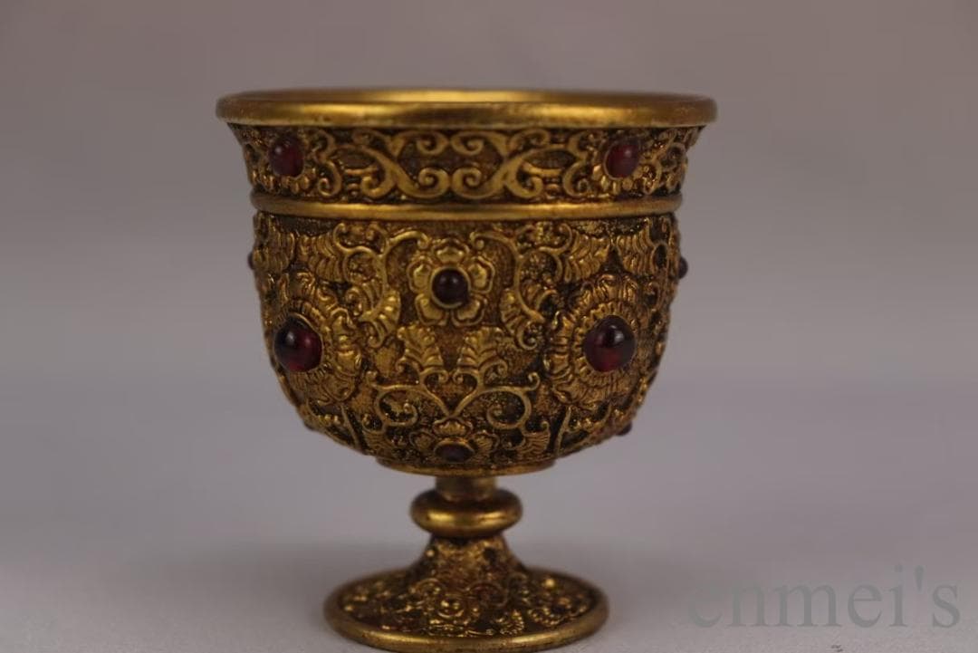 中国古美術 旧蔵清代 鍍金銅酒杯 嵌宝石酒器 精銅製 鍍金 文房 酒具 純手作り