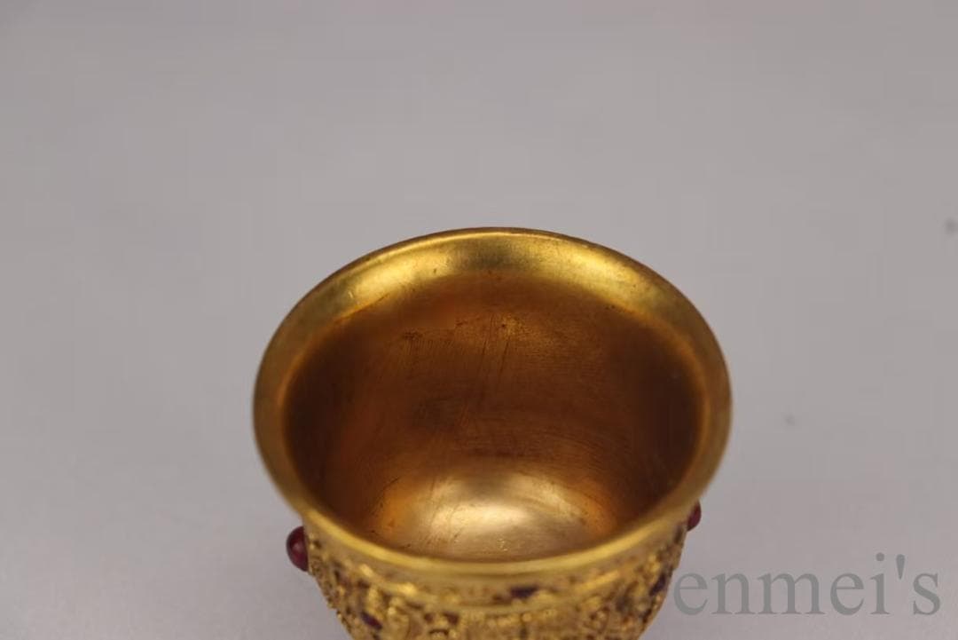 中国古美術 旧蔵清代 鍍金銅酒杯 嵌宝石酒器 精銅製 鍍金 文房 酒具 純手作り