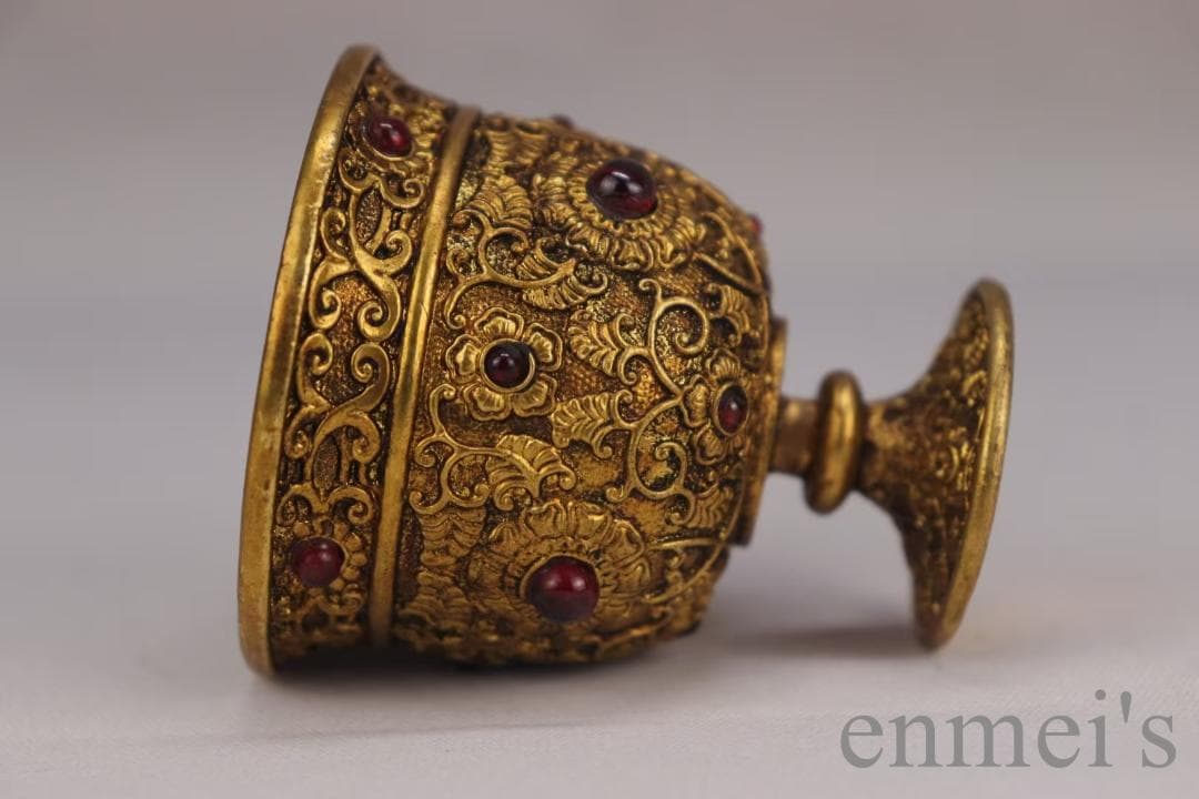 中国古美術 旧蔵清代 鍍金銅酒杯 嵌宝石酒器 精銅製 鍍金 文房 酒具 純手作り