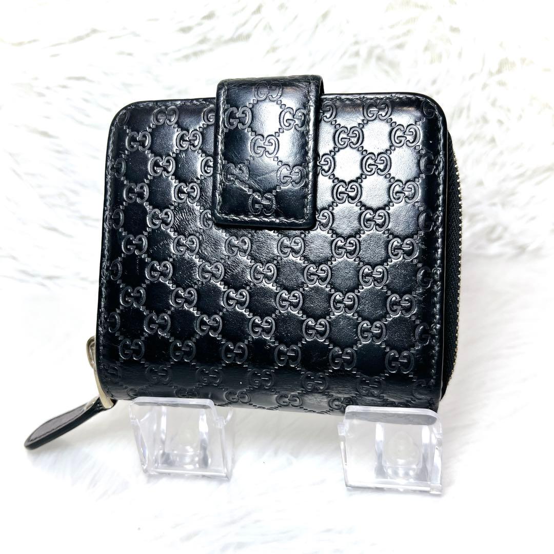 極美品 GUCCI マイクロGG シマ 2つ折り財布 レザー ラウンドジップ 黒